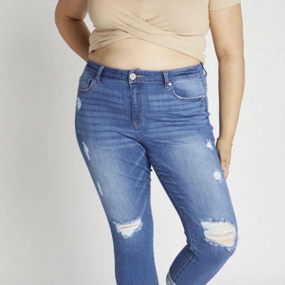 Women's ENJEAN PLUS Distressed Blue Jeans curvy Stretchy Skinny Slim Coastal Y2K